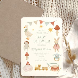 May include: Baby shower invitation with watercolor illustrations of a goose, bunny, and other baby-themed graphics. The invitation includes the text "PLEASE JOIN US FOR A BABY SHOWER" and event details.