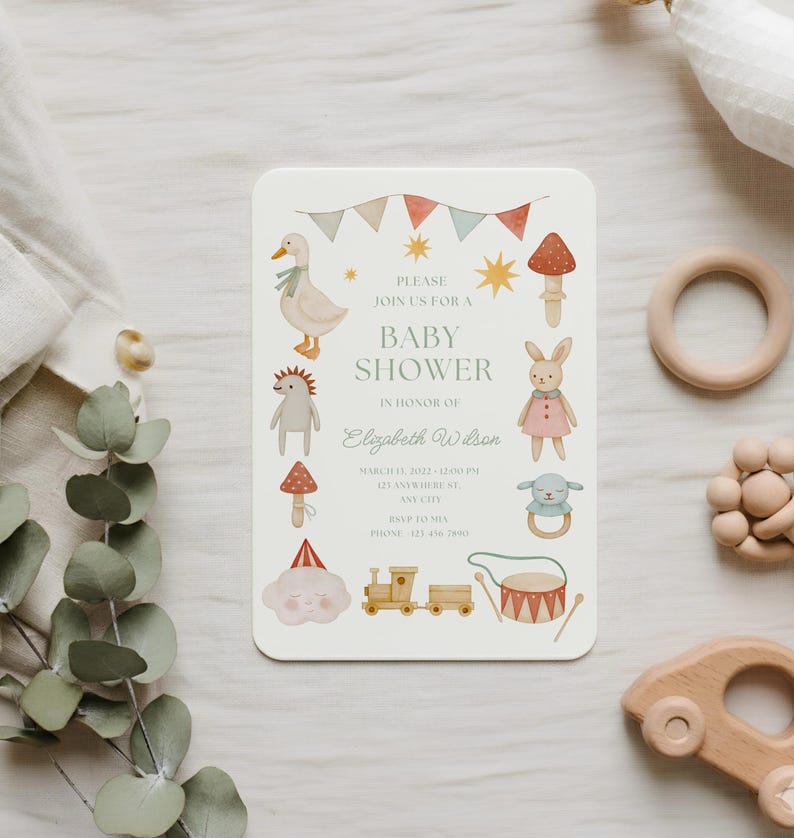 May include: A baby shower invitation with a whimsical design. The invitation features illustrations of a duck, rabbit, and other charming elements. The text reads "Baby Shower" and includes event details. The overall color palette is soft and pastel.