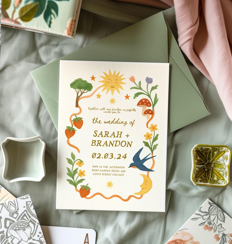 May include: Wedding invitation with a whimsical design featuring a sun, moon, and floral border. The invitation includes the names "SARAH + BRANDON" and the date "02.03.24". The text "the wedding of" is also visible.
