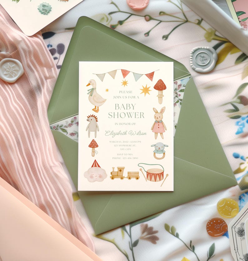 May include: A baby shower invitation with a whimsical design featuring a duck, bunny, and other illustrations. The invitation is inside a green envelope, with the text "PLEASE JOIN US FOR A BABY SHOWER IN HONOR OF Elizabeth Wilson".