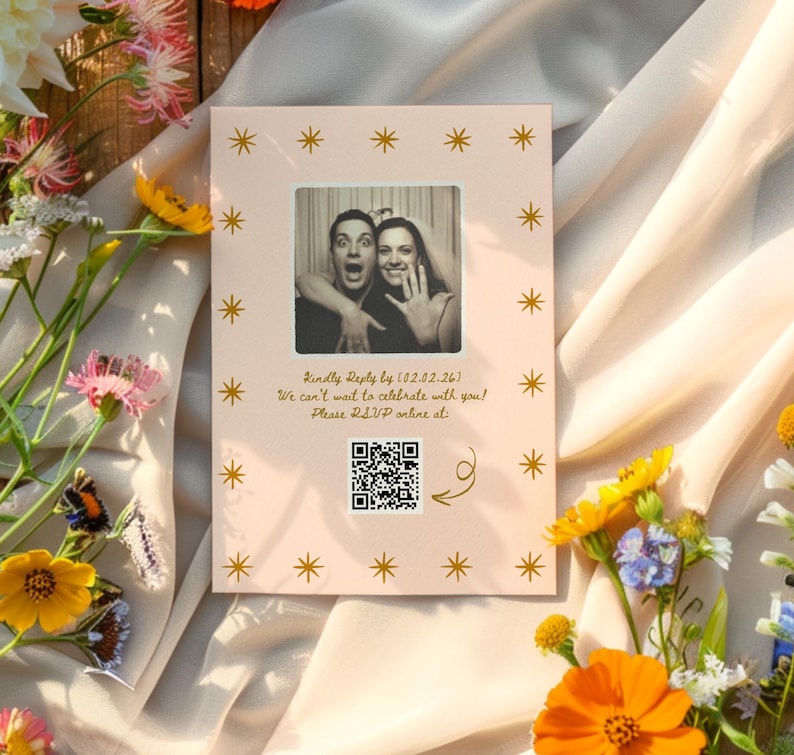 May include: A pink wedding invitation with gold star details and a black and white photo of a couple. The invitation includes the text "Kindly Reply by [02.02.26]" and a QR code for online RSVP.