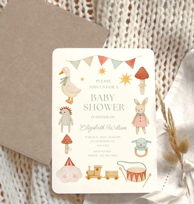 May include: Baby shower invitation with watercolor illustrations of a goose, bunny, and other baby-themed graphics. The invitation includes the text "PLEASE JOIN US FOR A BABY SHOWER" and event details.