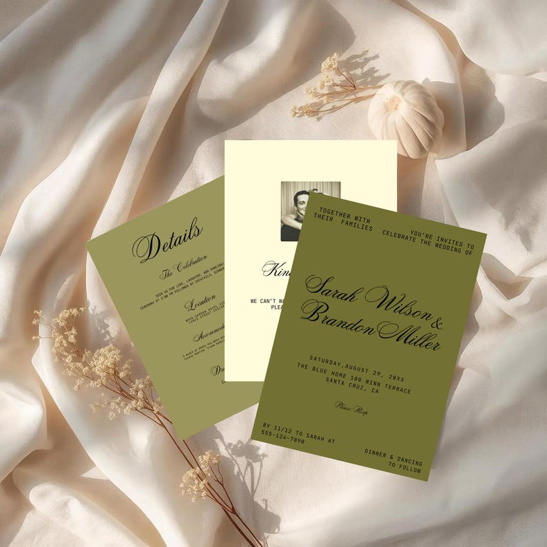 Olivgrünes Hochzeitseinladungs-Set | Minimalistische Canva Vorlage (Digitaler Download) Bild 2