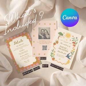 May include: A set of wedding stationery, including a details card, RSVP card, and invitation. The invitation features a floral design with the names "SARAH + BRANDON" and the date "02.03.24". The RSVP card has a photo and QR code.