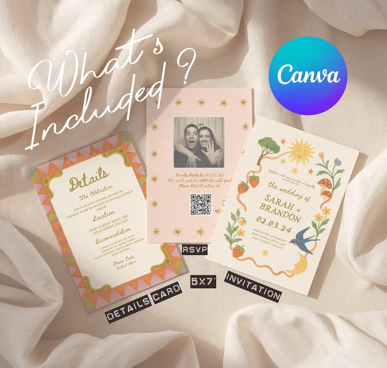 May include: A set of wedding stationery, including a details card, RSVP card, and invitation. The invitation features a floral design with the names "SARAH + BRANDON" and the date "02.03.24". The RSVP card has a photo and QR code.