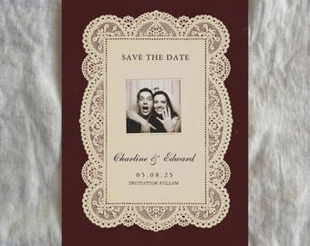 Vintage Lace Weinrot Save the Date Canva Hochzeitseinladung | Bearbeitbar Einladen (Digitaler Download)