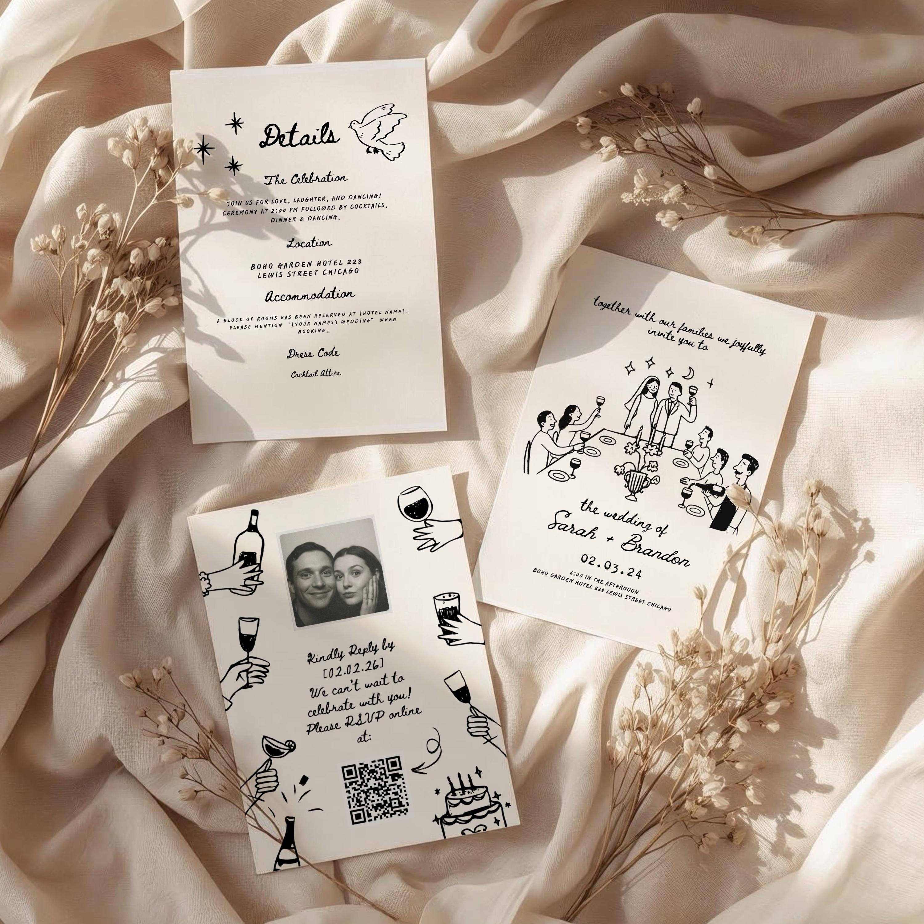 Whimsical Hand-drawn Wedding Invitation Set | Editable Canva Template ...