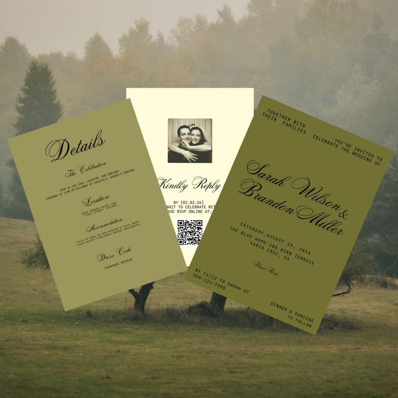 Olivgrünes Hochzeitseinladungs-Set | Minimalistische Canva Vorlage (Digitaler Download) Bild 3
