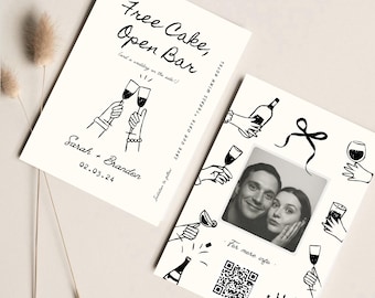 Sjabloon grappige huwelijksuitnodiging: gratis taart, open balk (canva, 5 x 7 inch)