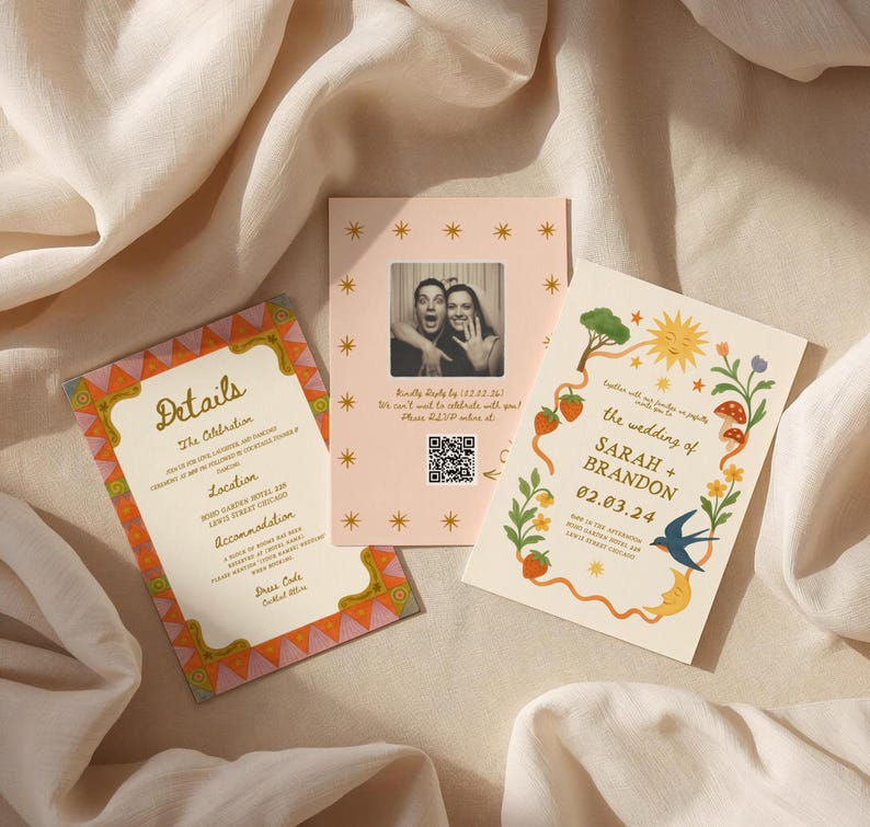 May include: Three wedding invitation cards with floral and geometric designs. One card features a photo of a couple, another has the text "the wedding of SARAH + BRANDON 02.03.24", and the third has the word "Details".