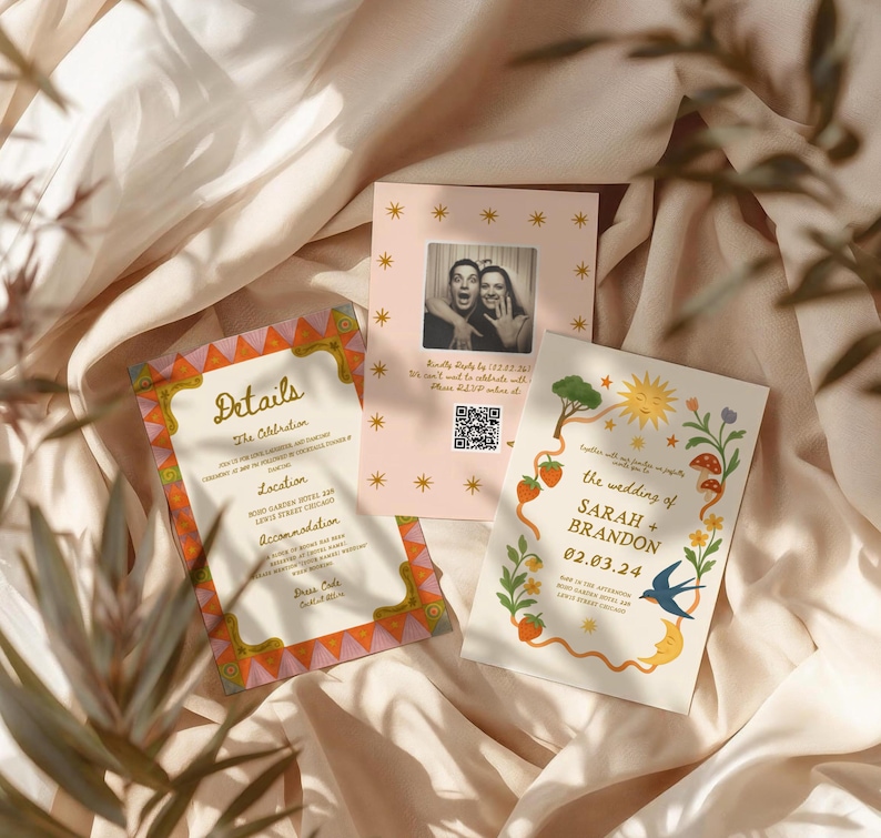 May include: Wedding stationery set on cream fabric. The set includes invitations and details cards. The invitations feature a photo, floral and celestial designs, and the names Sarah and Brandon.