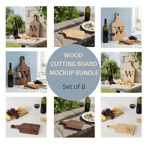 May include: A mockup bundle of eight wood cutting boards. The boards are shown in various settings with wine, cheese, and crackers. Some boards are engraved with names or initials. The boards are in different shapes and wood tones.