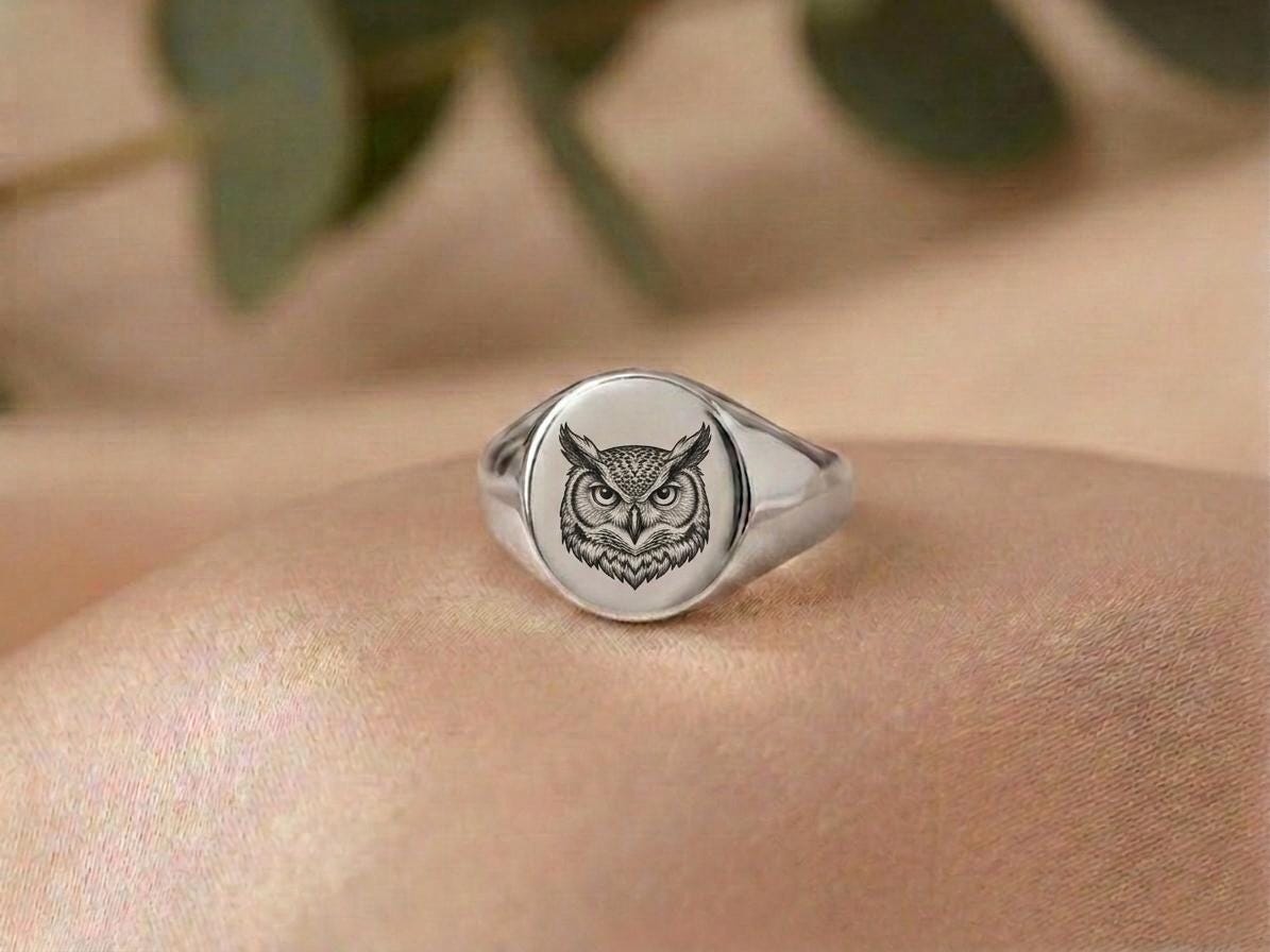 Owl Signet Sterling Silver Ring, Engraved Owl Ring, Bird Signet Ring, Gift For Men Women