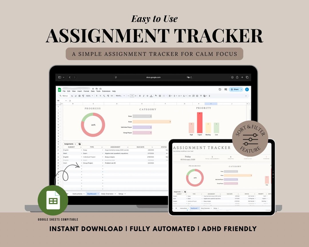 Assignment Tracker Google Sheets | Student Planner | ADHD Friendly ...
