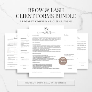 May include: A bundle of five legally compliant client forms for brow and lash services. The forms are printed on white paper with black text and include a client agreement and other necessary documents. The text "BROW & LASH CLIENT FORMS BUNDLE" is at the top.