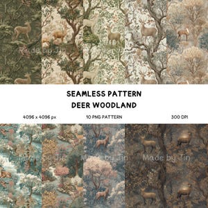May include: A collection of seamless patterns featuring deer in a woodland setting. The patterns showcase various color palettes, including green, brown, and beige, with detailed illustrations of deer, trees, and foliage. Text on the image reads "SEAMLESS PATTERN DEER WOODLAND".