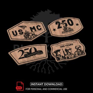 May include: Four wooden plaques commemorating the 250th anniversary of the United States Marine Corps. Each plaque features engraved text and illustrations, including the words "USMC" and "250 YEARS". The bottom of the image includes an SVG icon and text.