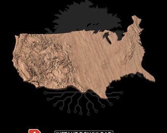 May include: A 3D-rendered map of the United States in a warm, earthy tone, showing topographical details. The image includes the text "INSTANT DOWNLOAD" and "FOR PERSONAL AND COMMERCIAL USE". A stylized tree and circuit board design are also present.