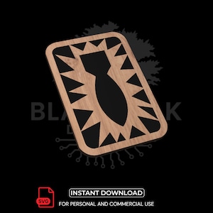 May include: Wooden rectangular design with a black bomb shape in the center, surrounded by triangular cutouts. The design is set against a black background. The image includes the text "INSTANT DOWNLOAD" and "FOR PERSONAL AND COMMERCIAL USE".