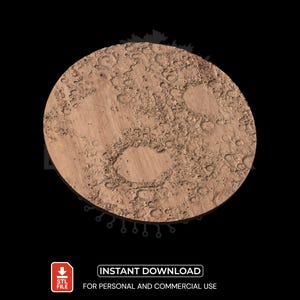 Puede incluir: Un objeto circular marrón texturizado, que se asemeja a un cuerpo celeste, con numerosos cráteres y variaciones superficiales. Incluye el texto "INSTANT DOWNLOAD" y "FOR PERSONAL AND COMMERCIAL USE".