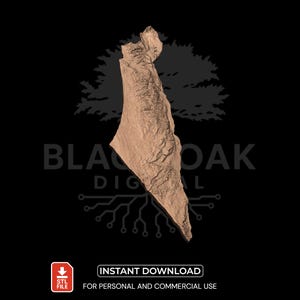 May include: A light brown 3D model of a landmass, possibly a map or geographical representation. The image includes the text "BLACK OAK DIGITAL" and "INSTANT DOWNLOAD" with "STL FILE" and "FOR PERSONAL AND COMMERCIAL USE".