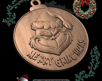 May include: Wooden Christmas ornament featuring the Grinch's face, with the words "MERRY GRINCHMAS" carved into the wood. A small wreath with a red bow and holly sprigs are also visible. The ornament has a loop for hanging.