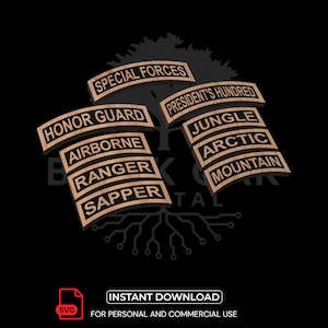 May include: Wooden plaques with military-themed text, including "Special Forces," "Honor Guard," and "President's Hundred." Other plaques read "Airborne," "Ranger," "Sapper," "Jungle," "Arctic," and "Mountain." The image also includes the text "Instant Download" and "For Personal and Commercial Use."