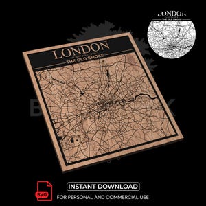 Puede incluir: Un mapa de madera de Londres con un borde negro y el texto "LONDON - THE OLD SMOKE". El mapa muestra el trazado de las calles de la ciudad y el río Támesis. Un mapa circular de Londres está en la esquina superior derecha.