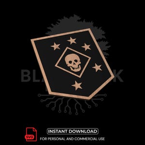 May include: Wooden emblem with a black background. The emblem is a shield shape with a wooden border. It features a skull in a diamond, surrounded by stars. The text "INSTANT DOWNLOAD" and "FOR PERSONAL AND COMMERCIAL USE" is also present.