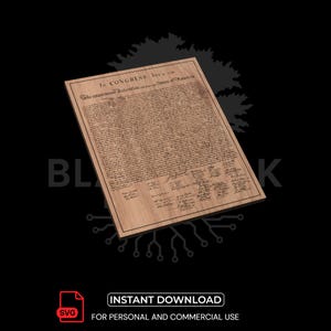 Puede incluir: Una placa de madera con la Declaración de Independencia. El documento se muestra en un estilo grabado detallado, con el texto y las firmas claramente visibles. La placa incluye el texto "IN CONGRESS" y "INSTANT DOWNLOAD".