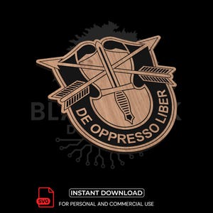 May include: Wooden emblem featuring a shield with crossed arrows, a sword, and the text "DE OPPRESSO LIBER." The emblem is in shades of brown and black, with the words "INSTANT DOWNLOAD" and "FOR PERSONAL AND COMMERCIAL USE" at the bottom.