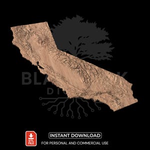 May include: A 3D topographic map of California in a light brown color, set against a black background. The map is detailed, showing the state's terrain. The image includes the text "INSTANT DOWNLOAD" and "FOR PERSONAL AND COMMERCIAL USE".
