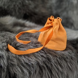 May include: A small, orange leather drawstring pouch with a long, orange leather strap. The pouch is sitting on a grey, fuzzy surface.