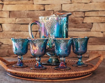 Blue Carnival Glass Beverage Set: Harvest Grape Pitcher & Goblets