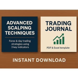 May include: Two square graphics on a wooden surface. The left graphic is navy blue with white text that reads "ADVANCED SCALPING TECHNIQUES" and "Forex & day trading strategies using 3 key indicators." The right graphic is cream-colored with green text that reads "TRADING JOURNAL" and "PDF & Excel template." The words "INSTANT DOWNLOAD" are below.