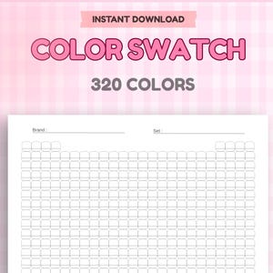 May include: A white color swatch sheet with the text "COLOR SWATCH" in pink, and "320 COLORS". The sheet has a grid of small boxes for color samples, with lines for "Brand" and "Set". The background is a pink plaid pattern.