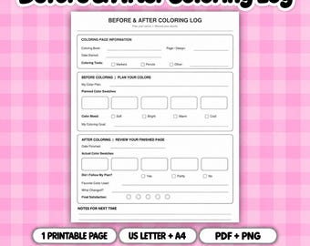 Op de afbeelding: Een wit printbaar Before & After Coloring Log-blad met secties voor kleurplaat-informatie, kleurplanning met stalen, stemmingsselectie en een beoordeling na het kleuren met tevredenheidscirkels en ruimte voor notities.