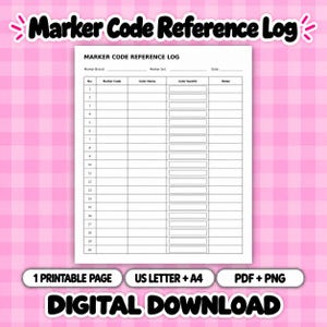 May include: A white Marker Code Reference Log sheet with black text and grid lines. The document includes fields for Marker Brand, Marker Set, and Date, followed by a table with columns for No., Marker Code, Colour Name, Colour Swatch, and Notes.