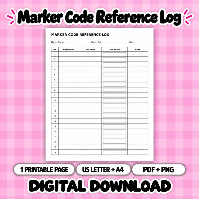 Op de afbeelding: Een wit Marker Code Reference Log blad met zwarte tekst en rasterlijnen. Het document bevat velden voor Marker Brand, Marker Set en Date, gevolgd door een tabel met kolommen voor No., Marker Code, Color Name, Color Swatch en Notes.