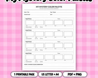 Op de afbeelding: Een wit printbaar werkblad getiteld My Mystery Color Palette met secties voor boektitel, pagina, merk stift en datum. Het bevat vier rijen genaamd Palette 01 tot 04, elk met vijf lege rechthoekige vakken en selectievakjes voor keuzes.