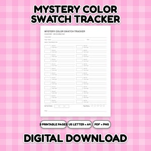 Op de afbeelding: Een wit printbaar Mystery Color Swatch Tracker-blad met velden voor kleurboek, pagina, ontwerp, datum en marker- of potlodensets. Het bevat dertig rechthoekige vakjes voor stalen met lijnen voor boek- en kleurcodes, plus een sectie voor het eindpalet en de beoordeling.