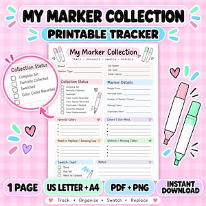 Könnte beinhalten: Ein druckbares Marker-Sammlungs-Tracker-Blatt mit Abschnitten für Marke, Set-Name, Markertyp, Sammlungsstatus, Details, Lieblingsfarben, meistgenutzte Farben, Ersatzbedarf, Wunschliste und eine Farbtabelle mit rosa und blauen Akzenten.