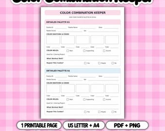 May include: A white printable document titled Color Combination Keeper with sections for Detailed Palette 01 and 02. It includes fields for palette ID, name, date, marker brand, set, colour swatches, codes, roles, project notes, and repeat status.