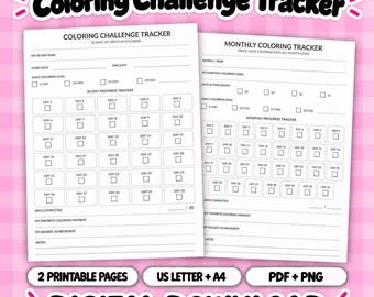 Op de afbeelding: Twee witte printbare kleuruitdaging-trackerbladen met zwarte tekst. Eén blad bevat een 30-dagen voortgangstracker, terwijl de andere een maandelijkse tracker is. Beide bevatten secties voor doelen, dagelijkse tijdsbesteding en notities.