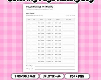May include: A white printable Coloring Page Rating Log sheet featuring a table with columns for page, date, design, colours, overall rating, and quick notes. The form includes star icons for rating and sections for book collection, favourite pages, and notes.