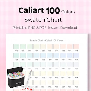 以下が含まれることがあります： Caliart 100色の印刷可能な色見本チャート。色見本のグリッドがあります。画像には、黒いマーカーケースとマーカーペンが含まれています。画像には「Caliart 100 Colors Swatch Chart」と書かれています。