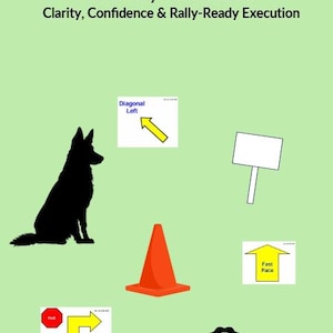 May include: An illustration for an AKC Rally Novice Guide, featuring a black silhouette of a dog, an orange traffic cone, and various directional signs. The text reads "The Organized Beast" and "Clarity, Confidence & Rally-Ready Execution."