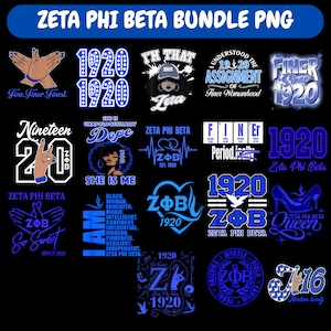 Könnte beinhalten: Eine digitale Sammlung von Grafikdesigns zum Thema Zeta Phi Beta in Blau und Weiß. Die Bilder enthalten Texte wie 1920, Finer und Zeta Phi Beta sowie Illustrationen von Händen, Herzen, Kronen und Silhouetten auf einem schwarzen Hintergrund.