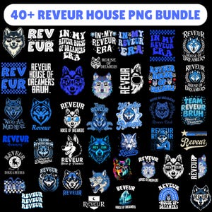 May include: A collection of over 40 PNG images featuring wolf designs, text, and graphics. The images are in shades of blue, white, and black, with text that includes "Reveur," "House of Dreamers," and "Rev Eur."