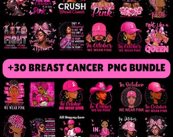 30+ Pink Black Woman Png Bundle, Breast Cancer Awareness Png, Afro Woman Png, Pink Ribbon Png, Cancer Survivor Png, In October We Wear Pink